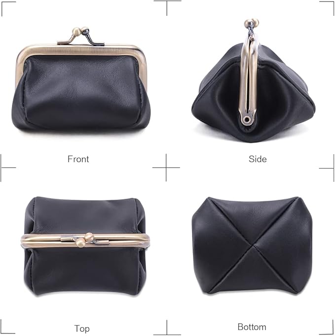 Genuine Leather Mini Vintage Coin Purse Kiss Lock change purse Cute Coin Purse Coin Organizer (Black)