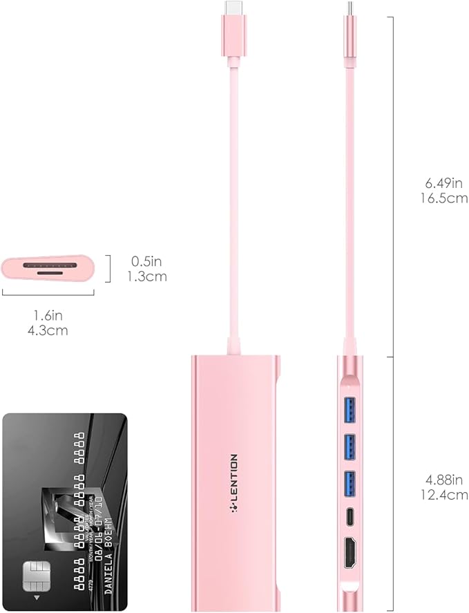 LENTION 7-in-1 USB C Multiport Hub with 4K HDMI, 100W PD, 3 USB 3.0 Ports, SD/MicroSD Card Reader Compatible MacBook Pro/Air 2016-2025 Stable Driver Adapter (CB-C36B, Rose Gold)
