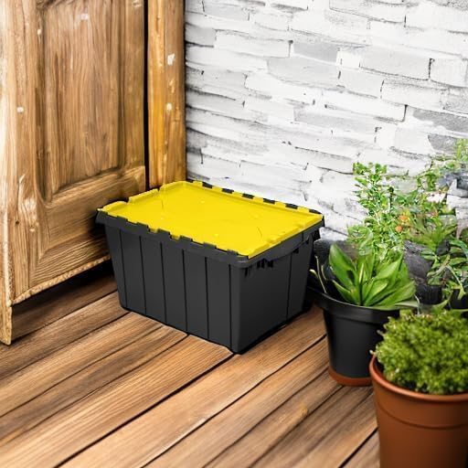 Akro-Mils KeepBox 12 Gallon Storage Container, Nesting and Stackable Plastic Storage Box with Lid Attached, Organizer Tote for Garages, Closets, Moving, 21-1/2" x 15" x 12-1/2", Black/Yellow, 6-Pack