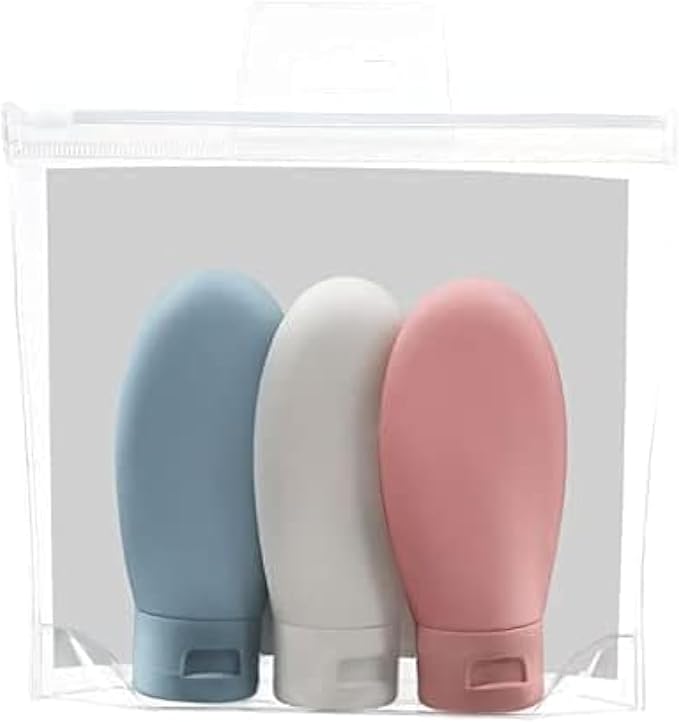 ZALUJMUS Travel Bottle, 3 Pcs Leak Proof Refillable Squeezable Containers Set(60 ml) with Label and Transparent Carry Bag for Liquid Shampoos, Soap and Toiletries. (Multicolor)