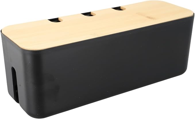 FABULETTA Desktop Cord Organiser Box with Wooden Lid, Cable Management Solution for Power Strip Hider, ABS Plastic Wire Storage Container and Junction Box Cover for Home Office Use(black)