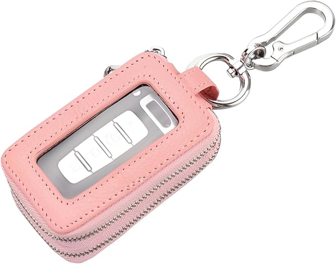 BELOMI Car Key Fob Case, Genuine Leather Remote Keychain Bag with Lanyard and Zipper Closure, Key Protection Cover for Men Women (Pink)