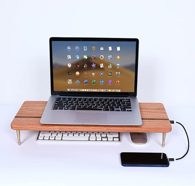 Wood Riser Monitor Stand with USB Ports Computer Stand w/Slot for Tablet & Cellphone Computer Riser w/Big Storage, Dual Monitor Riser for PC, Computer, Laptop, Printer