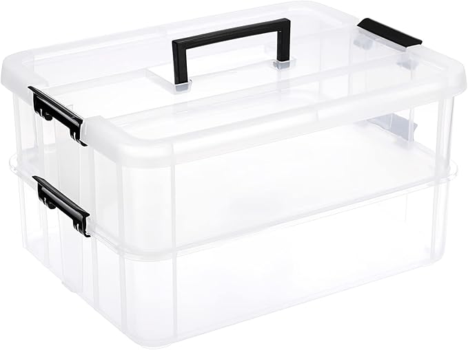 JUXYES 2-Tiers Stack Carry Storage Box With Handle, Transparent Stackable Storage Bin With Handle Lid Latching Storage Container for School & Office Supplies