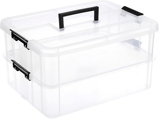 JUXYES 2-Tiers Stack Carry Storage Box With Handle, Transparent Stackable Storage Bin With Handle Lid Latching Storage Container for School & Office Supplies