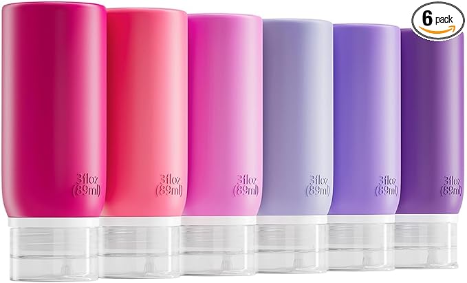 Muslish 6 Pack Travel Bottles for Toiletries - TSA Approved 3oz Leakproof Travel Size Containers, BPA Free Silicone Refillable Squeezable Bottles, Travel Essentials for Shampoo and Conditioner (Pink)