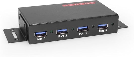 Gearmo 4 Port USB 3.0 Hub w/ESD and Surge Protection, Wall and Desk Mount Ready USB-A Hub, Includes 12V/2A Power Adapter and Terminal Block for Versatile Power Input
