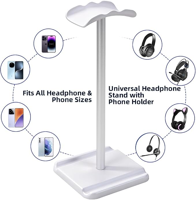Headphone Stand, Headset Holder with Phone Holder for Desk Office Gaming, TPU-Padded Headrest, Aluminum Pole, Anti-Slip ABS Base, Universal Earphone Stand, 1 Pack White
