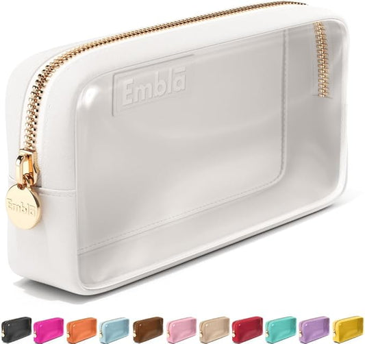 Embla Clear Cosmetic Bag Makeup Case, Clear Zipper Make Up Pouch and Toiletry Travel Tote, Cute Skincare Pouches for Women Girls, Preppy Purse Cosmetic Organizer, Small Makeup Bags, White
