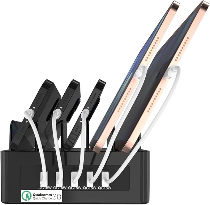 Multi Fast Charging Station,with 5 USB QC 3.0 Port,5V3A 12V1.5A（18W） 5-Port USB Charger for Multiple Device with SmartIC Tech Stand Compatible with iPad, Tablet, Kindle, Charging 5 iPads