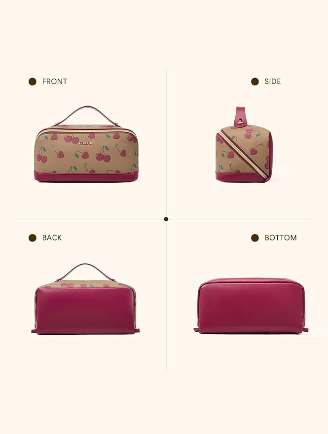 Telena Leather Make Up Bag Portable Travel Makeup Bag Waterproof Cosmetic Bags for Women Large Capacity With Handle and Divider Open Lay Flat