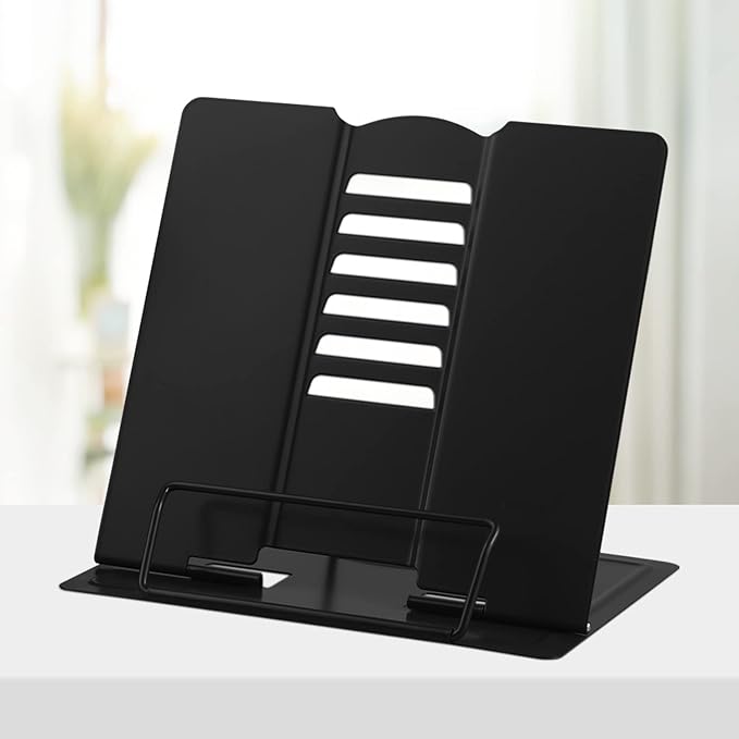 Honagu Book Stand Metal Desk Book Holder, Book Holders for Reading Hands Free, Adjustable Cookbook Documents Holder, Portable Bookstand for Music Books, Textbook, Recipe, Tablet, Ipad (Black)