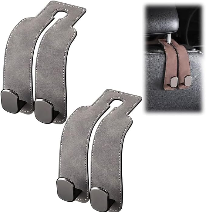 2026 New Car Seat Headrest Hooks for Purses and Bags - Support Car Headrest Hooks for Purses and Bags Coat, Leather Car Bag Purse Holder with Double Hooks (Gray-2PC)