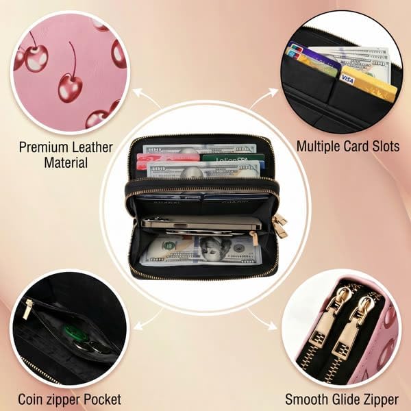 Women Cherry Print Long Wallet, Dual Zipper Large Capacity PU Leather Card Holder Clutch Purse for Daily & Travel