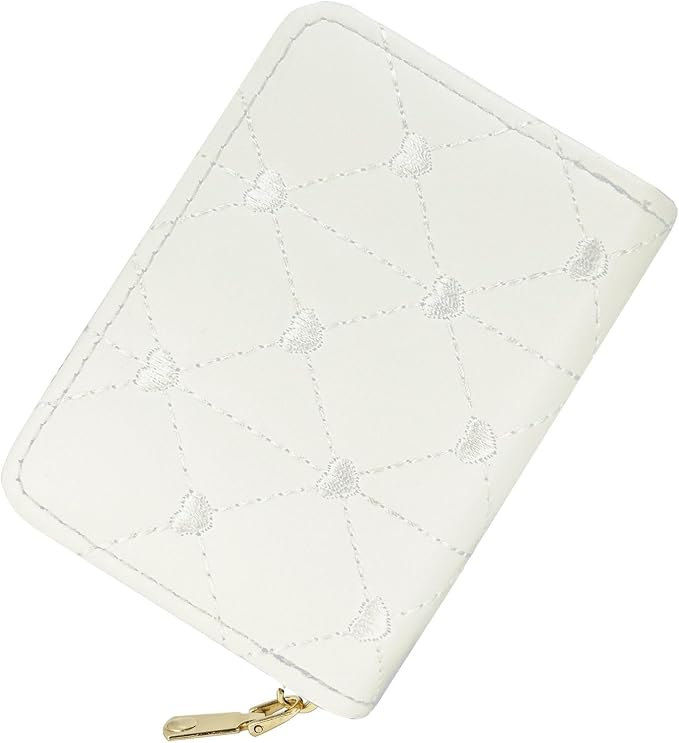 Lady credit card holder, a zippered storage card case, 11 small yet convenient large capacity pockets, heart-shaped embroidery pattern, modern and fashionable style (White)