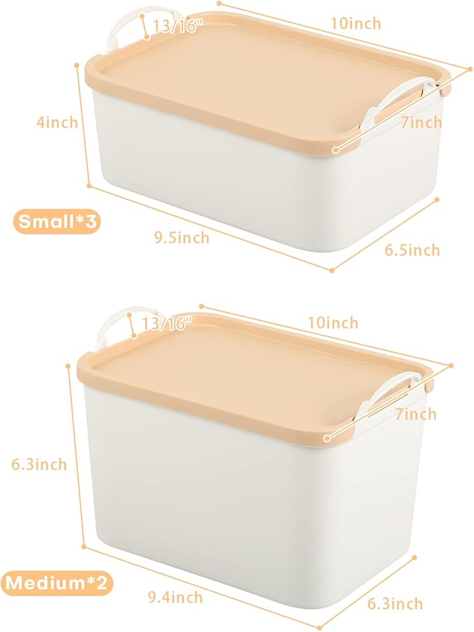 ANMINY 5PCS Plastic Storage Bins Containers with Lids, Large Storage Organization Bins Boxes, Lidded Plastic Storage Baskets for Closet Shelves Desktop, Wheat Lids, 2M + 3S