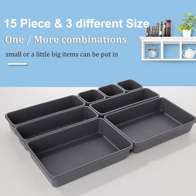 15 PCS Interlocking Desk Drawer Organizer Separator for Office,Bathroom,Kitchen,Makeup（Black）