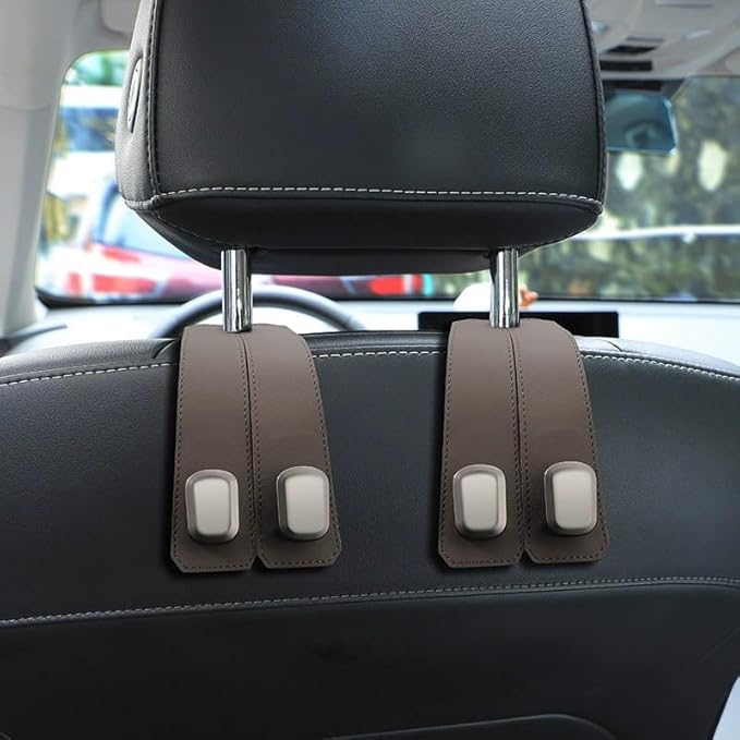Car Seat Headrest Double Hooks Organizer 1-4 Pack – Heavy Duty Leather & Metal Hook for Bags, Purses, Wallets – Phone Mount – Fits Most Vehicles (brown-2pcs)