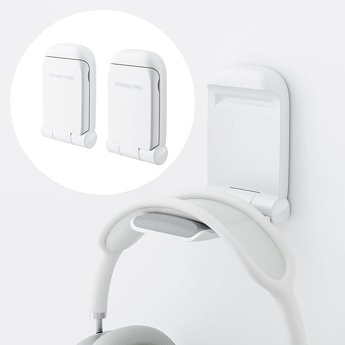 MAMUVIMO Headphone Stand, 2 Pack Headset Stand Foldable＆Sticky, Headphone Holder Hook Mount with Non-Slip Silicone, Adhesive Earphone Desk Hanger Clip Space-Saving for Airpods Max, All Earphones White
