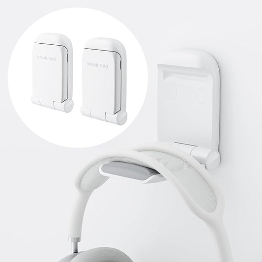 MAMUVIMO Headphone Stand, 2 Pack Headset Stand Foldable＆Sticky, Headphone Holder Hook Mount with Non-Slip Silicone, Adhesive Earphone Desk Hanger Clip Space-Saving for Airpods Max, All Earphones White
