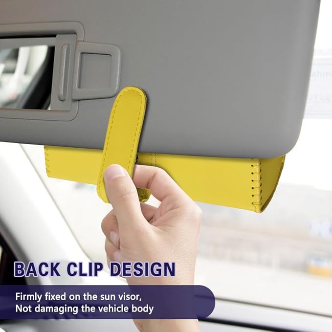 Sunglasses Holder for Car Sun Visor, Sunglass Organizer for Car, Magnetic Leather Eyeglasses Protective Storage Case, Waterproof Glasses Organizer Visor Accessories for Vehicles (Yellow)