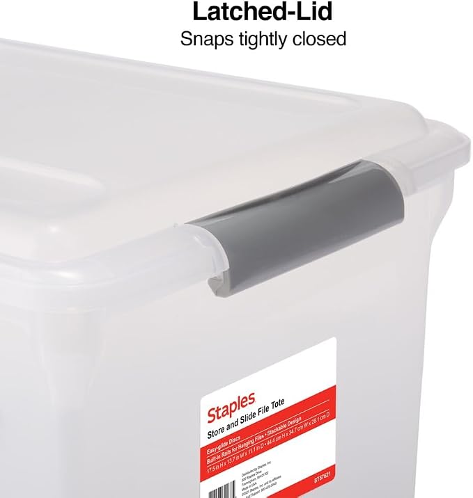 STAPLES Store & Slide Plastic File Box Latching, Letter/Legal Size, Clear, 4/Carton