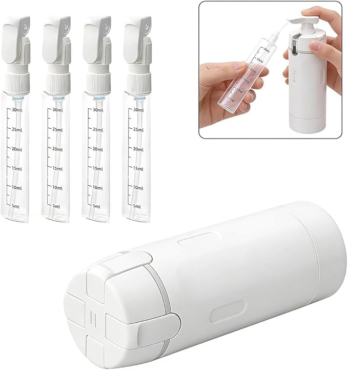 4 in 1 Travel Dispenser, 4 Pack 30ML Travel Bottles with Stickers for Toiletries, Leak Proof Travel Size Containers, Portable for Shampoo Lotion Conditioner Cream White