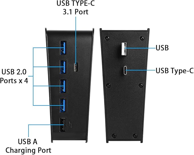 USB Port Hub for PS5, 5 Port USB Extender High-Speed Transmission Expansion Adapter Converter Splitter with 4 USB 2.0 Port+1 USB Charging Port+1 Type C 3.1 Port for PlayStation 5 Gaming Console-Black