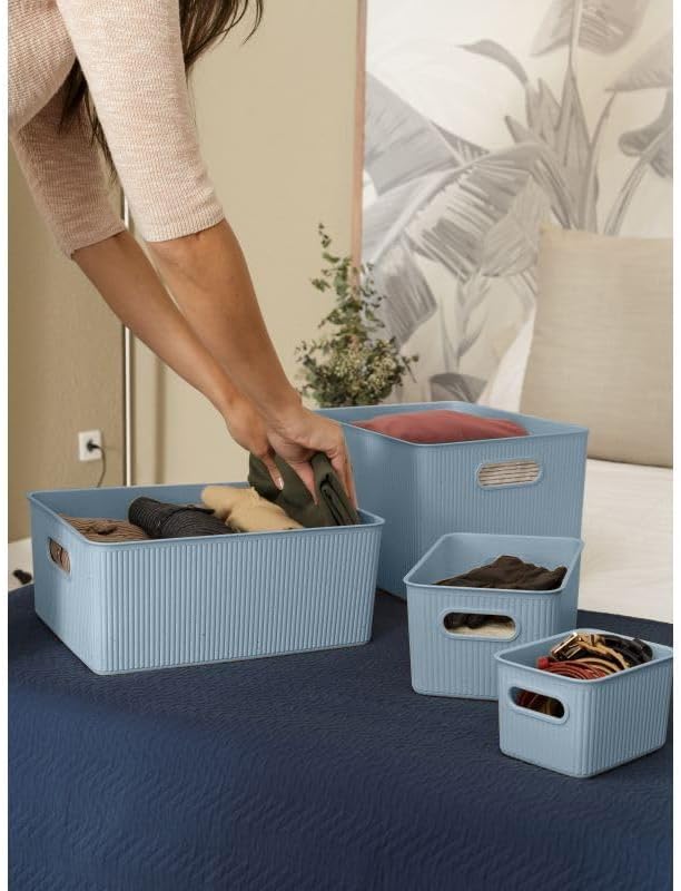 Decorative Plastic Basket Lidded Home Storage Bins Organizer Baskets, Medium Blue (1 Pack - 5 Liter) Stackable Container Box, for Organizing Closet Storage Bins for Shelves - Ribbed Collection