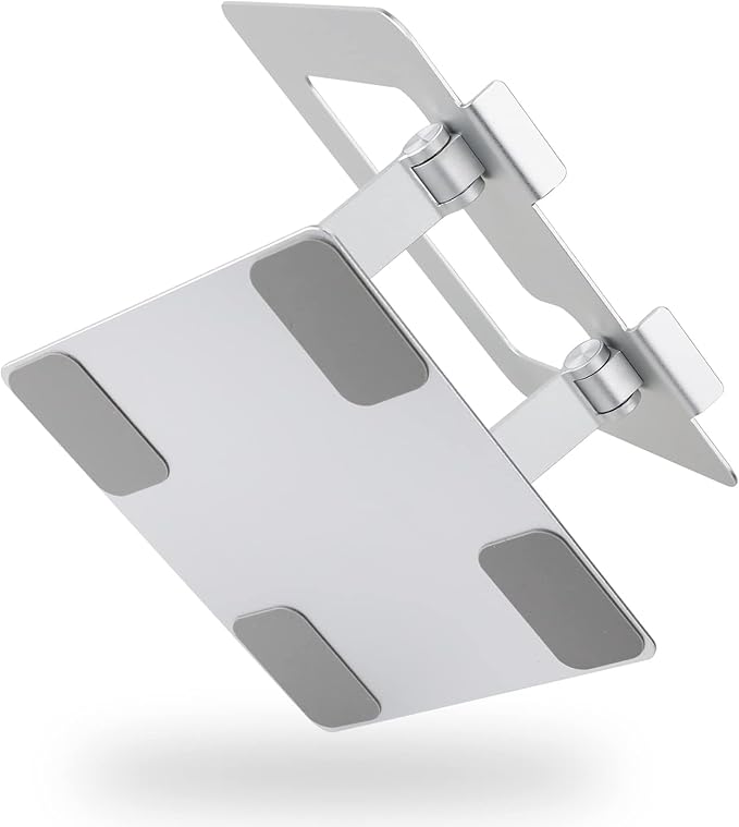 Amazon Basics Sturdy and Portable Ergonomic Laptop Stand for Desk, Height Adjustable Riser with Ventilated Cooling, Foldable, Fits all Laptops up to 17.3 Inch, Silver, 10 x 8.7 x 6 in