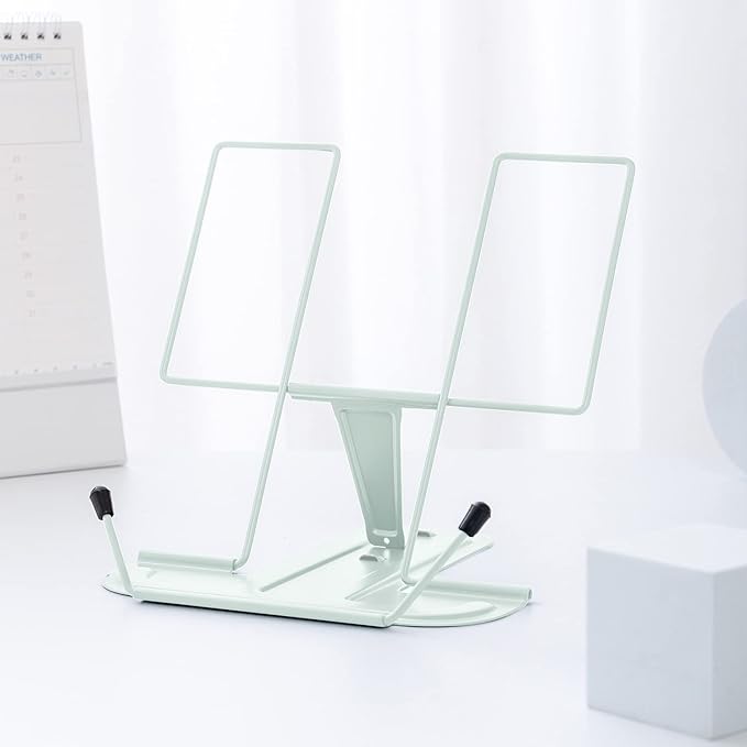 MSDADA Metal Book Stand for Desk, Adjustable Reading Rest Book Holder, Portable Cookbook Documents Holder, Sturdy Typing Stand for Recipes Textbooks Tablet Music Books with Page Clips (Macaron Green)