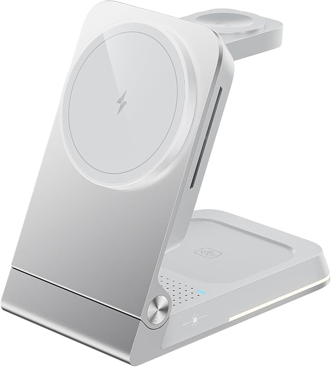 Aluminum 3 in 1 Wireless Charging Station,Foldable Wireless Charger for Apple Magsafe with Light,Portable Travel Magnetic Charger Stand for iPhone 17/16/15/14,Watch,Airpod,with PD 20W Adapter & Case