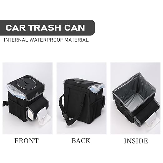 upra Car Trash Can with Lid Leakproof,Bag Hanging Storage Pockets,Adjustable Tissue Holder & Straps Garbage Bin, Portable Auto Trash Bag Holder for Road Trip, Kids, Dog Owners