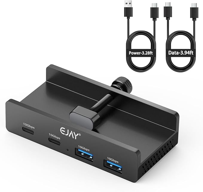 EJAY 4Ports 10Gbps USB-C HUB USB3.2 Clamp USB HUB Splitter,Mountable USB-C Adapter with Data & Power Cable for iMac 2021 and later-10Gbps (Black)