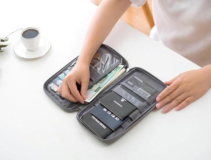 Family Passport Holder for 3 to 4, Passport Wallet with Zipper, Strap, Card Slots, Travel Document Organizer Nylon Men Women Boarding Pass Pouch Bag ID Credit Card Case Cover (Black, Small)