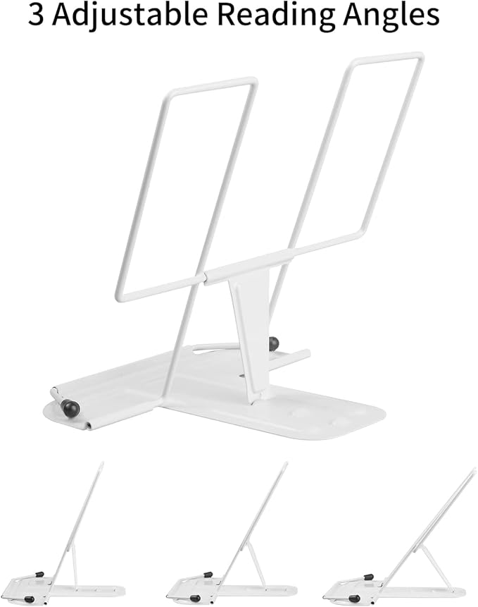 Metal Book Stand for Desk, Adjustable Reading Rest Book Holder, Portable Cookbook Documents Holder, Sturdy Typing Stand for Recipes Textbooks Tablet Music Books with Page Clips (White)