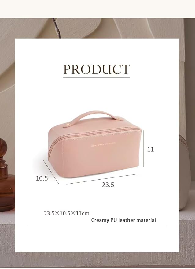 Travel Makeup Bag for Women, Large Capacity PU Leather Toiletry Bag with Multiple Compartments, Waterproof Cosmetic Organizer with Handle, Portable Travel Pouch for Skincare, Rose Pink