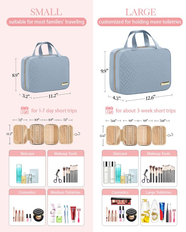 HOTOR Travel Toiletry Bag - Hanging Toiletry Bag for Women & Men, Makeup Bag/Big Comparment, Waterproof for Travel Accessories, Travel Essentials, Medium, Light Blue