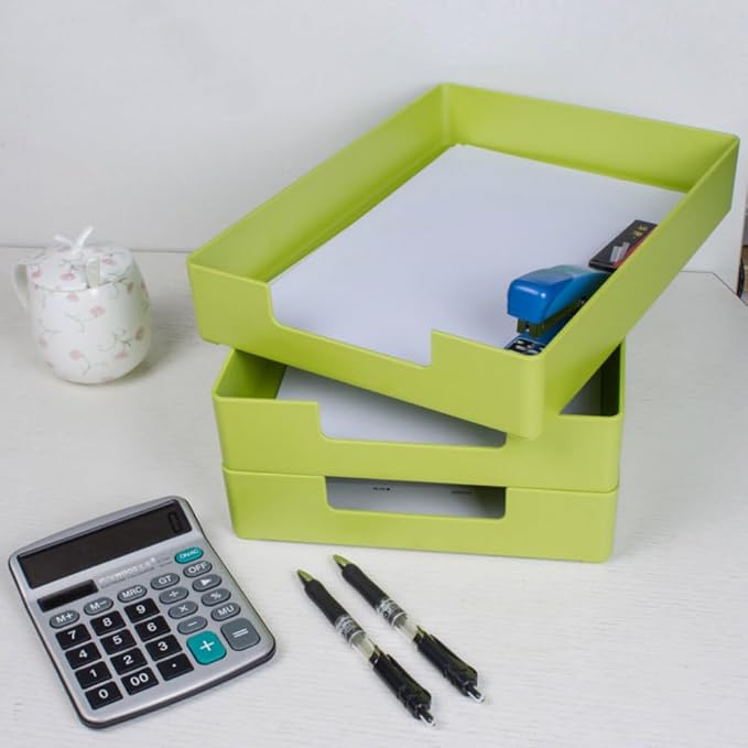 Letter Tray, 2 Pack Stackable Desk Organizer for Office | A4 & letter size compatible. Stackable plastic trays for school, home storage. Durable ABS material. 2-pack green.