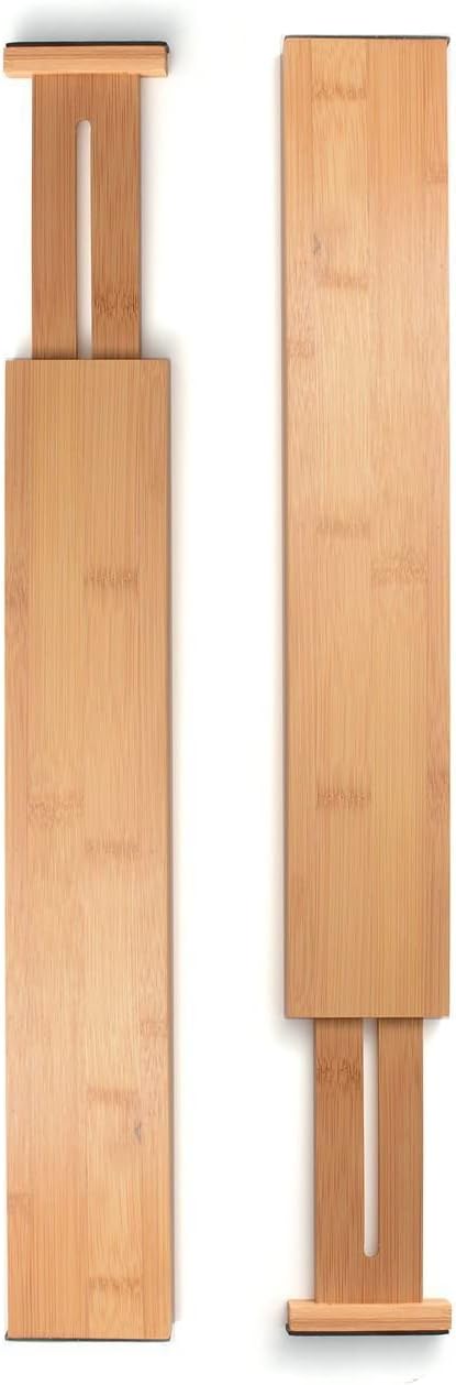 Adjustable Bamboo Drawer Divider Organizers - Fits Large Drawers Sized 17.5" Upto 22"- Expandable Kitchen Drawer Organizer Separators for Utensils, Dresser, Clothes, Bedroom, Bathroom 2-Pack, Natural