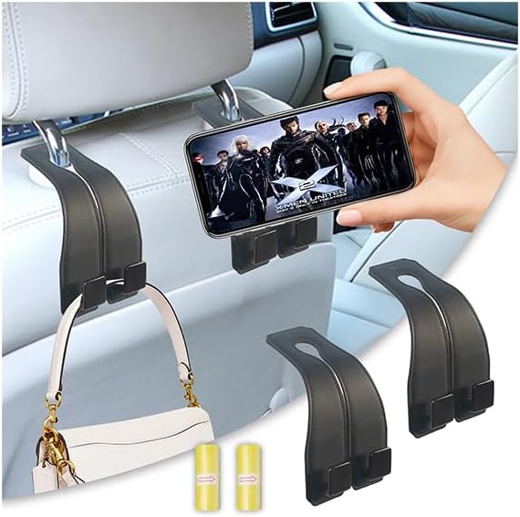 vidonio 2 PCS Car Seat Back Double Hooks - Leather Heavy Duty Hangers for Purse, Grocery Bags, Coats & More - 360° Rotatable, Easy Installation, Space-Saving Car Accessories for Rear Seat Storage