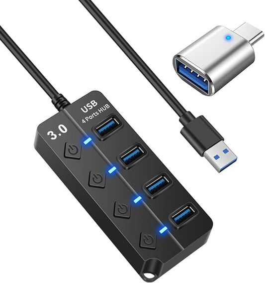 USB Hub - 3.0, 4-Port USB Station Hub with Individual Switches - Expander Hub for Laptop/MacBook, Flash Drives, Mobile HDD, Printer