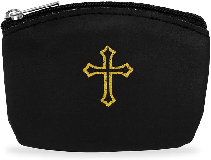 Black Rosary Pouch with Zipper & Gold St. Thomas Cross Imprint | Compact Leatherette Rosary Case for Small to Medium Rosaries | Protective Travel Rosary Holder for Men & Women