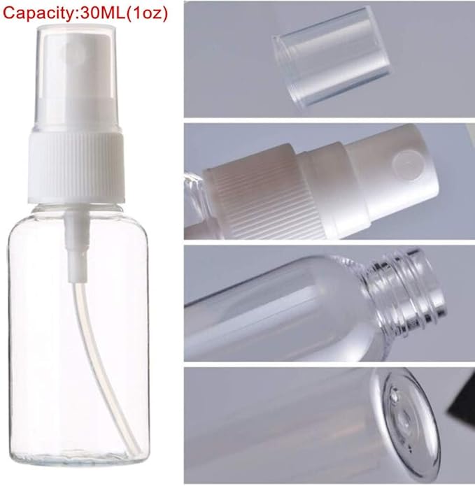 SINIDE Spray Bottles 30ml/1oz, 12 Pack Clear Empty Fine Mist Plastic Mini Travel Bottle Set, Portable Refillable Makeup Sprayer Containers for Perfume, Liquids, Aromatherapy, Small Size