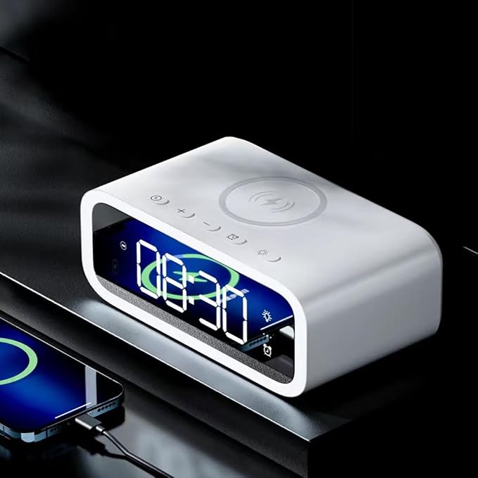 AYI 4in1 Smart Wireless Charging Alarm Clock with Mirror Display | 15W Fast Charger for Phone & Earbuds, 3 Group Alarms, Warm White/Yellow Night Light, Temperature Display Extra USB Port-White