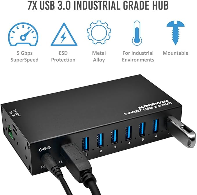 Kingwin 7-Port USB 3.0 Hub Offers 5Gbps speeds, Powered Expansion, and a Durable mountable Aluminum Design. Ideal for PC, Laptop, POS, and Server Racks. Plug & Play.