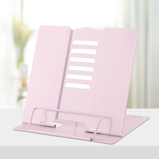 Honagu Book Stand Metal Desk Book Holder, Book Holders for Reading Hands Free, Adjustable Cookbook Documents Holder, Portable Bookstand for Music Books, Textbook, Recipe, Tablet, Ipad (Macaron Pink)