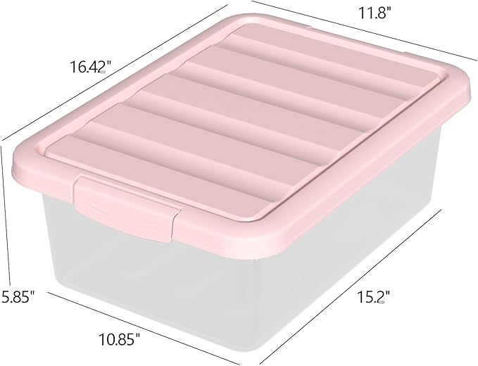14-Quart Storage Container Bin with Pink Secure Lid and Latch Buckles, Durable Plastic Stackable Nestable Organizin, 2-Pack