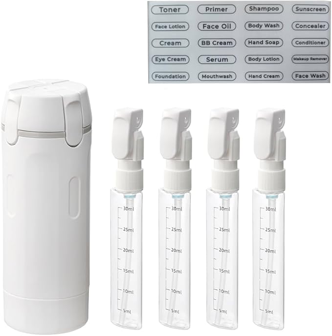 4 in 1 Travel Dispenser Bottle, Leak Proof Refillable Travel Toiletry Containers for Shampoo Lotion Liquid, TSA Approved Travel Bottles Set for Business Trip Camping, 4 x 30ml, White