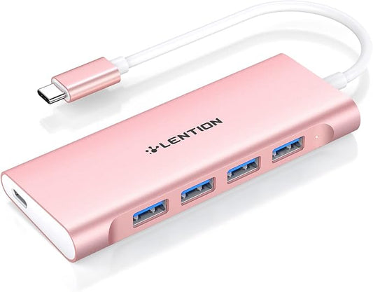 LENTION 5-in-1 USB-C Hub, 4 USB3.0, 60W Charging, Multiport Adapter | Ideal for Work & Study, Stable Driver 3.0 Certified, Compatible with macOS, iOS/iPadOS, Windows & ChromeOS (C31, Rose Gold)